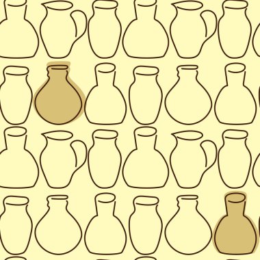 Seramik masa takımları, sürahiler, vazolar, elle çizilmiş ev eşyaları. Bir tasarım, kumaş ve diğer yüzey çizgisi. Basit bir illüstrasyonun taslağı. Vektör.