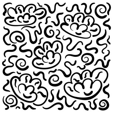 El çizimi arka plan. Çiçekler, zikzaklar ve girdaplar. Fırça ile vektör illüstrasyonu.