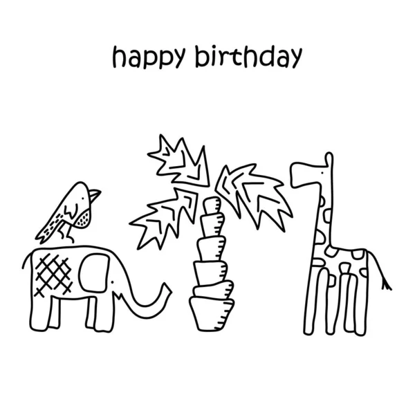 Glückwunschtext Zum Geburtstag Doodle Lustiger Elefant Giraffe Palme Und Vogel — Stockvektor