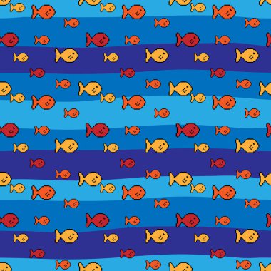 Kusursuz desen. Küçük parlak balıklardan oluşan bir okul. Dalgaların arka planında pikselli balık. Vektör illüstrasyonu.