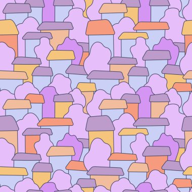 Vektör şehri kusursuz desen. Binanın bir çizimi. Kumaş, duvar kağıdı, kağıt, masaüstü için arka plan. Evler ve ağaçlar, minimalizm.