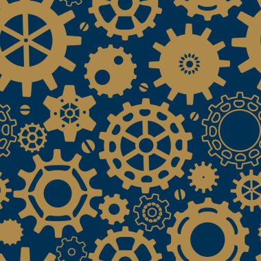 Steampunk tarzında dişli, kusursuz bir desen. Duvar kağıdı, kartpostal arkaplanı ve daha fazlası için mavi arkaplan üzerinde klasik steampunk hareketi. Vektör