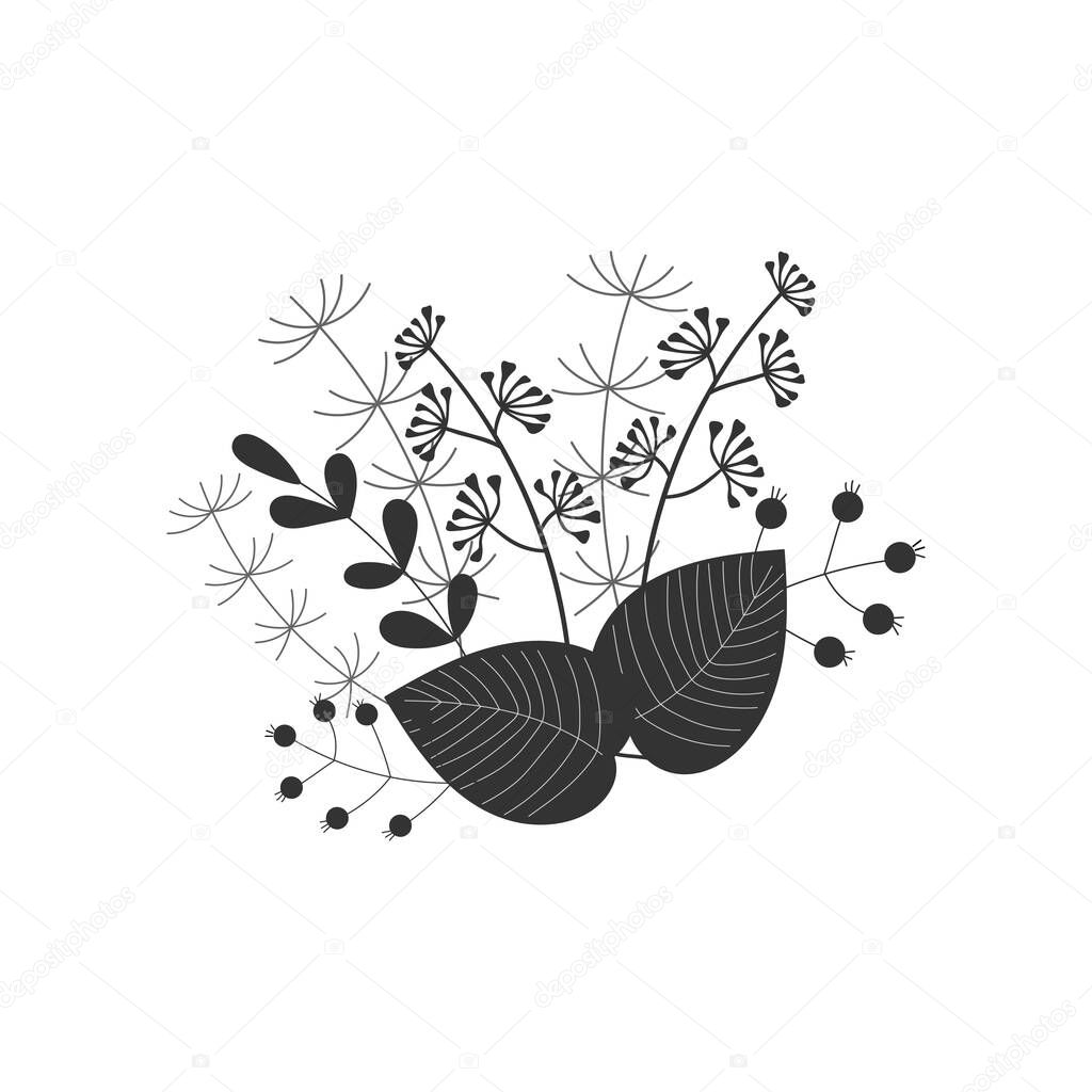 Silhouettes of simple twigs, leaves and herbs, herbarium. Vector hand drawing illustration. Composition for your design.