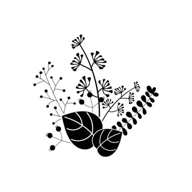 Basit dallardan, yapraklardan, otlardan ve bitkilerden oluşan siluetler. Vektör el siyah beyaz çiziyor. Tasarımınız için kompozisyon,