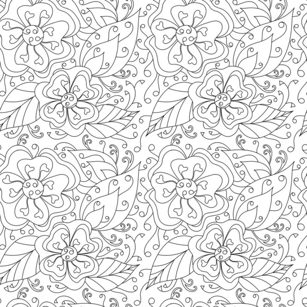 无缝图案与花 弯曲的涂鸦叶 Mehndi设计公司单色纹理 黑白的 织物和其他表面的矢量花背景 — 图库矢量图片