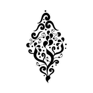 Eşkenar dörtgen şeklinde dekoratif bir element, bir mandala yaprağı. El yapımı mehndi tasarımı. Karalamalı etnik monokrom dokusu. Çarpık karalamalar. Siyah ve beyaz vektör çizimi.