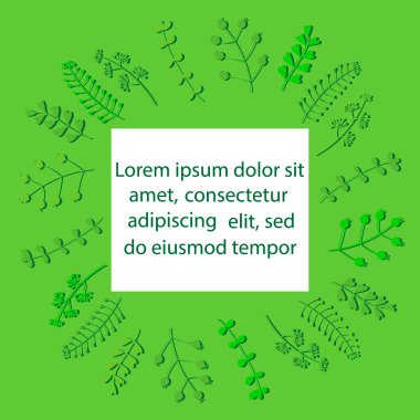 Çiçek vektör şablonu tebrik kartı İskandinav tarzında. Yuvarlak El, bitkisel bitkilerin hatlarıyla çizilmiş çerçeve. Metin için boşluk.