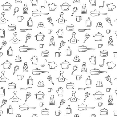 Mutfak gereçleri ve pişirmek için aletler. Vektör kusursuz desen. Doodle tarzında bir geçmiş. Siyah ve beyaz.