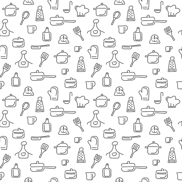 Mutfak gereçleri ve pişirmek için aletler. Vektör kusursuz desen. Doodle tarzında bir geçmiş. Siyah ve beyaz.