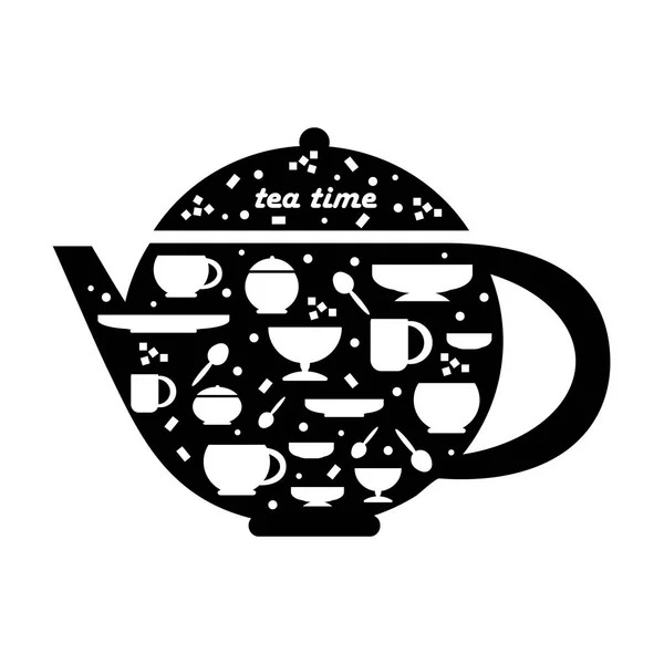 Чайник Чашки Ложками Блюдца Сахарная Миска Другие Столовые Принадлежности Шаблон — стоковый вектор