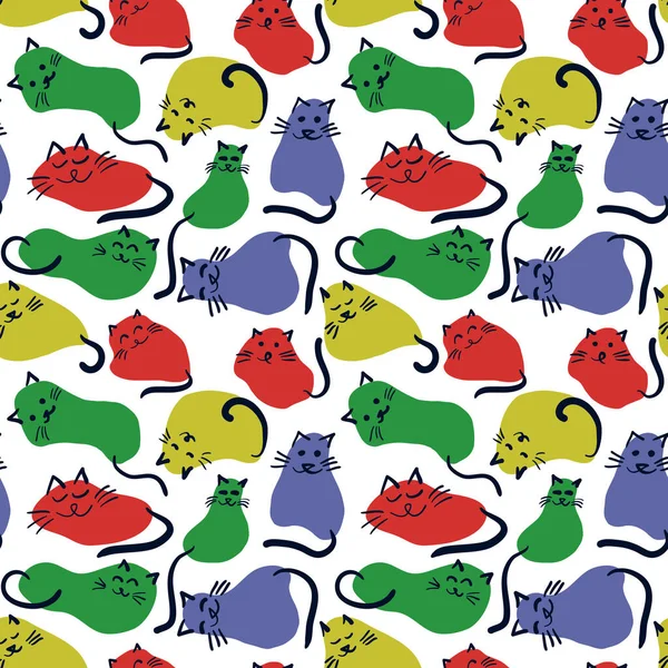 Nahtloses Muster mit niedlichen Katzen. Tiere, die von Flecken gezeichnet werden. Vektor Gezeichneter Hintergrund für Kinder — Stockvektor