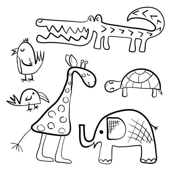 Conjunto Desenhado Mão Animais Bonitos Pássaros Animais Africanos Elefante Girafa — Vetor de Stock