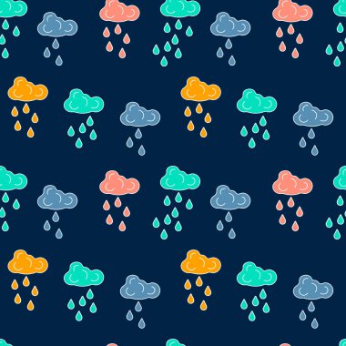 Parlak bulutları ve çizgi film tarzında damlaları olan kusursuz bir model. Kumaş, kağıt ve diğer yüzeyler için kullanılabilir.