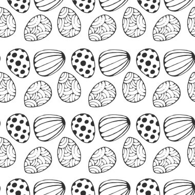 Yumurtalı kusursuz Paskalya deseni. Paketleme, kumaş, duvar kağıdı için. El çizimi, beyaz arkaplan. 