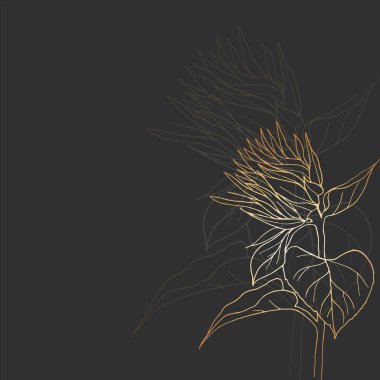  Siyah arkaplanda altın çizgisi olan bir çiçek eskizi. Bir kartpostal, davet ya da pankart için şablon.