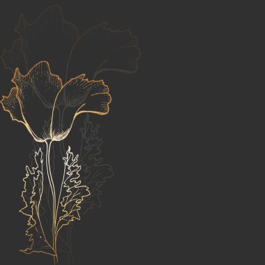 Siyah arkaplanda altın çizgisi olan bir çiçek eskizi. Bir kartpostal, davet ya da pankart için şablon.