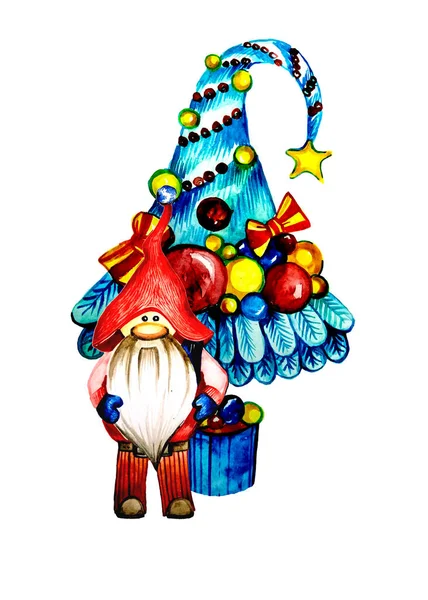 Barnens Jul Illustration Tomte Med Julgran Vit Bakgrund Designelement Akvarell — Stockfoto
