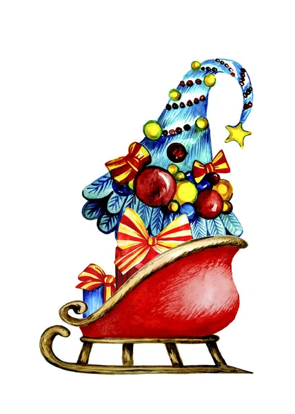 Children Christmas Tree Illustration Gifts Sleigh White Background Design Element — Stock Photo, Image