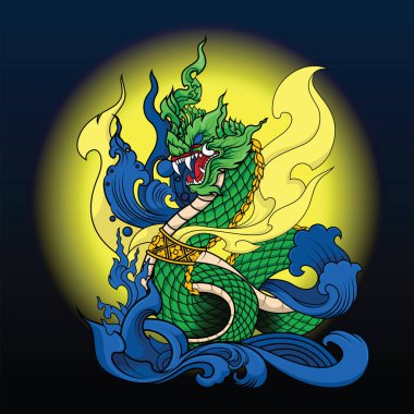 Hand drawn Thai Dragon on water, Line Thai is Thailand Style and clipart
