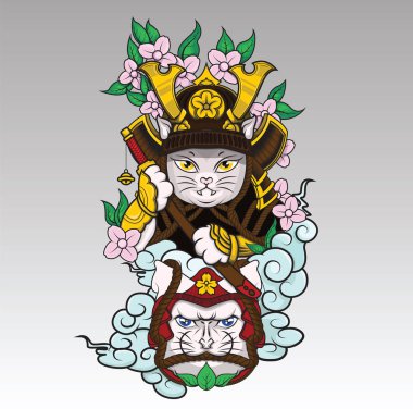 Kedi Samuray Colud ve Sakura çiçeği, Japon Tattoo tarzı..