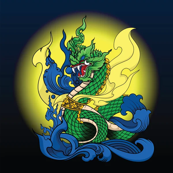 Ручний намальований тайський дракон на воді, Лінія Тайвань це стиль Таїланду і — стоковий вектор