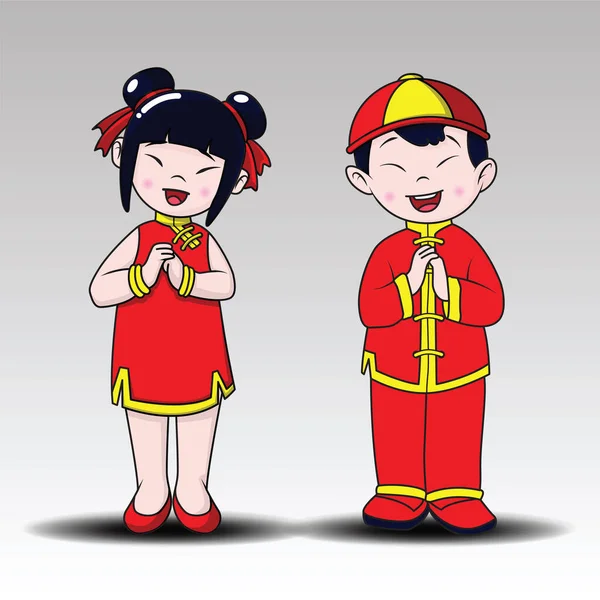 幸せな中国人、幸せな男の子と女の子立って、漫画スタイル. — ストックベクタ