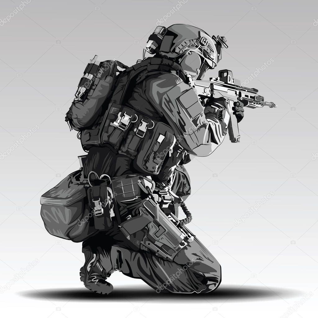 Vector Policeman Tactical Shoot Illustration. Armed police military preparing to shoot with automatic rifle.