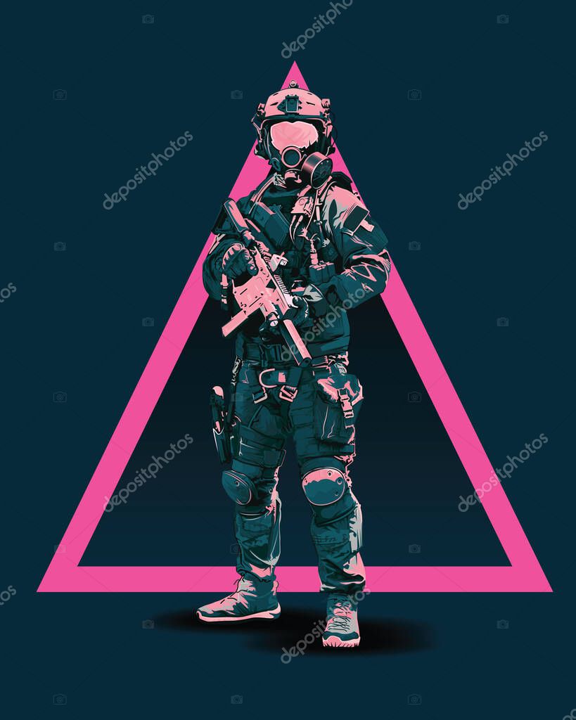 Vector Policeman Tactical Shoot Illustration. Armed police military preparing to shoot with automatic rifle.