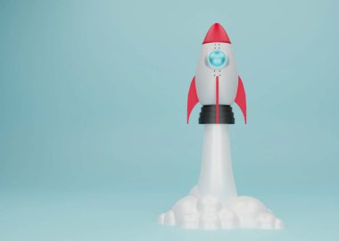 Bule pastel arka planda roket uçuşu ile başlangıç konsepti 3D illüstrasyon.