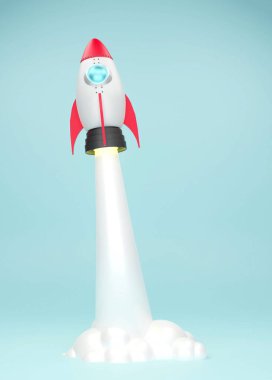 Bule pastel arka planda roket uçuşu ile başlangıç konsepti 3D illüstrasyon.