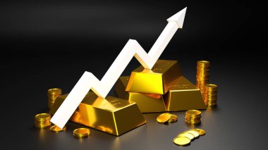 İş için altın külçe ve altın sikke, 3D yorumlama..