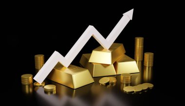 İş için altın külçe ve altın sikke, 3D yorumlama..