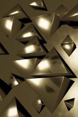3D illüstrasyon, grunge arkaplan, yükselen birçok altın üçgen piramit
