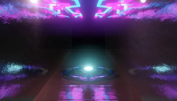 Render Neon Licht Gloeiende Lijnen Ultraviolet Podium Driehoekig Portaal Boog — Stockfoto