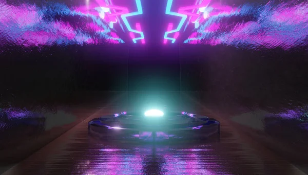 3Dレンダリング ネオンライト 紫外線 ステージ 三角形のポータル アーチ 仮想現実 抽象的な背景 ラウンドポータル アーチ — ストック写真
