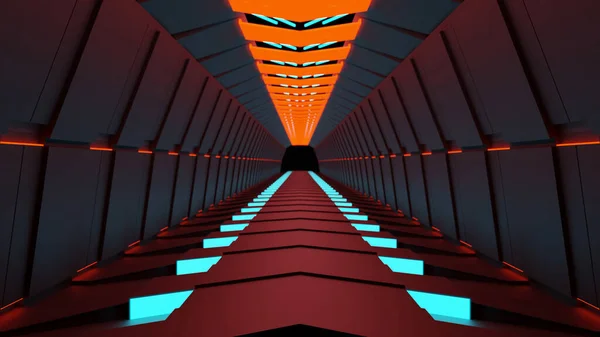 サイエンスバックグラウンドフィクション内部レンダリング Sci Fi宇宙船の廊下青の光 3Dレンダリング — ストック写真