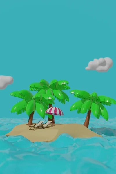 Niska Poli Ilustracja Tropikalnej Wyspy Dwa Leżaki Pod Parasolem Pięknej — Zdjęcie stockowe