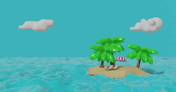 Низкопольная Трехмерная Иллюстрация Небольшого Острова Два Шезлонга Зонтиком Прекрасном Пляже — стоковое фото