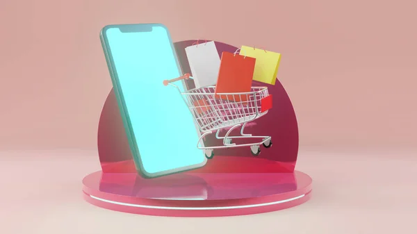 Illustration Shopping Online Smart Phone Cart Bag — Stock Photo, Image