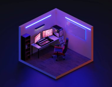 3D render oyun odası izometrik, 3D illüstrasyon.