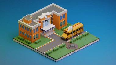 3D render izometrik., Okul ve Okul otobüsü., 3D illüstrasyon.