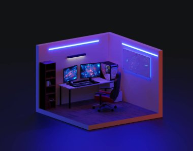 3D render oyun odası izometrik, 3D illüstrasyon.