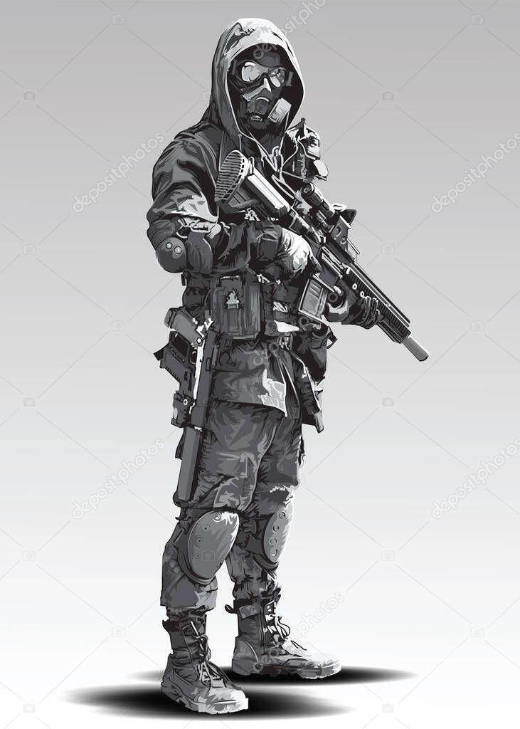Vector Policeman Tactical Shoot Illustration. Armed police military preparing to shoot with automatic rifle.