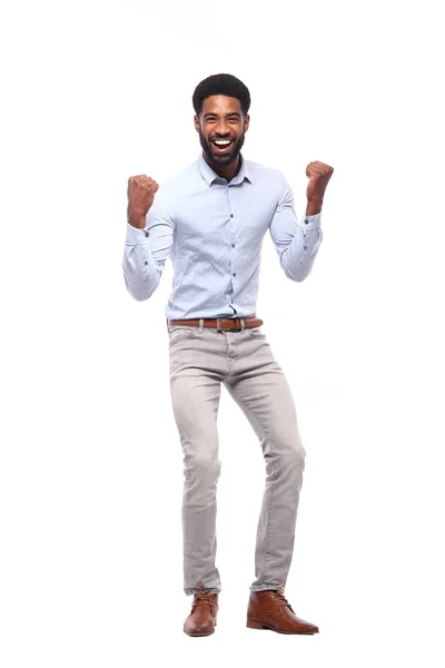 Hombre Negro Feliz Delante Fondo Blanco — Foto de Stock