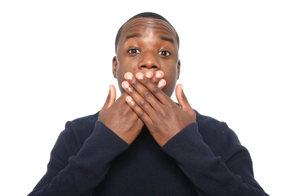 Homem Negro Feliz Frente Fundo Branco — Fotografia de Stock