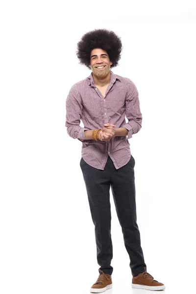 Feliz Afro Homem Frente Fundo Branco — Fotografia de Stock