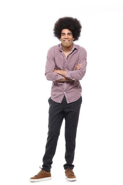 Feliz Afro Homem Frente Fundo Branco — Fotografia de Stock