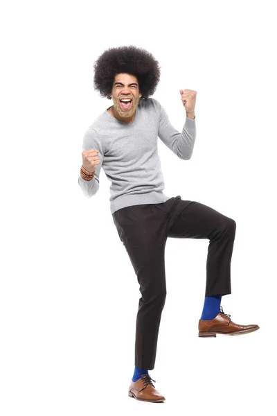 Glücklicher Afro Mann Vor Weißem Hintergrund — Stockfoto