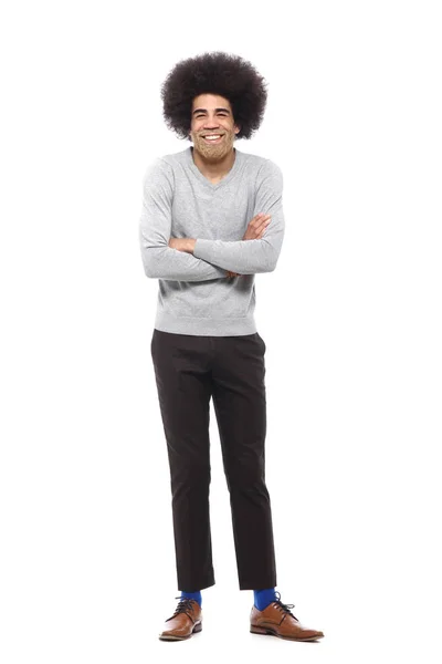 Glücklicher Afro Mann Vor Weißem Hintergrund — Stockfoto