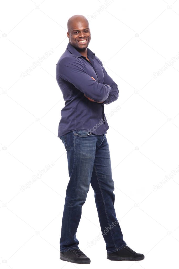 happy black man in front of a white background